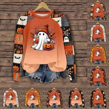 Женская мода повседневная толстовка с длинным рукавом и вставкой на плече с принтом на Хэллоуин с круглым вырезом XXXL чёрный