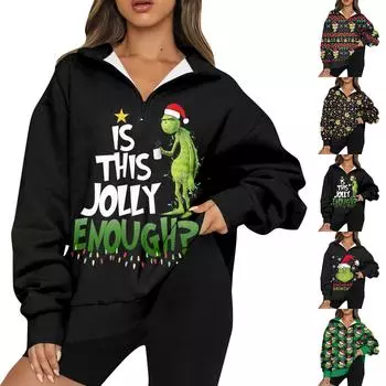 Женская мода повседневная толстовка с длинным рукавом и принтом на Хэллоуин с застежкой-молнией и воротником-стойкой с заниженными плечами L армия зеленый