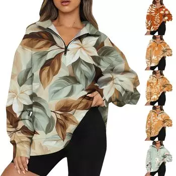 Женская мода повседневная толстовка с длинным рукавом и принтом на молнии с высоким воротом и заниженными плечами L верблюд