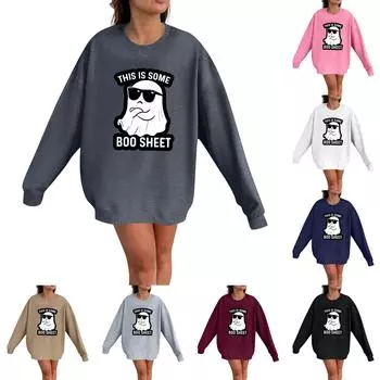 Женская мода Повседневная толстовка с длинным рукавом и принтом на Хэллоуин с круглым вырезом Топ S чёрный