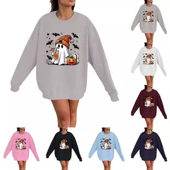 Женская мода повседневная толстовка с длинным рукавом и принтом на Хэллоуин с круглым вырезом M розовый