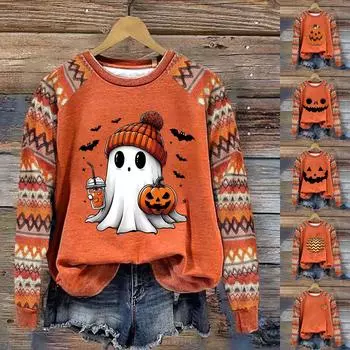 Женская мода повседневная толстовка с длинным рукавом и вставкой на плече с принтом на Хэллоуин с круглым вырезом XL чёрный