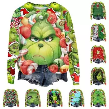 Женская мода повседневная толстовка с длинным рукавом и вставкой на плече с принтом на Хэллоуин с круглым вырезом L зелёный