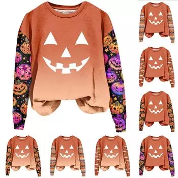 Женская мода повседневная толстовка с длинным рукавом и круглым вырезом с принтом на Хэллоуин S