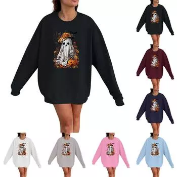 Женская мода повседневная толстовка с длинным рукавом и принтом на Хэллоуин с круглым вырезом M белый