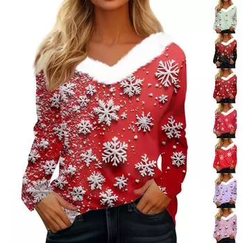 Женская мода повседневная толстовка с длинным рукавом и рождественским принтом, плюшевый воротник, V-образный вырез XXL