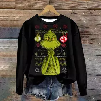 Женская мода повседневная толстовка с длинным рукавом и принтом Санта-Клауса с круглым вырезом L чёрный