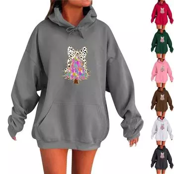 Женская мода повседневная толстовка с длинным рукавом и круглым вырезом с принтом банта с капюшоном пуловер XXL кофейный