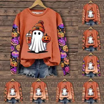 Женская мода повседневная толстовка с длинным рукавом и круглым вырезом с принтом на Хэллоуин XL чёрный