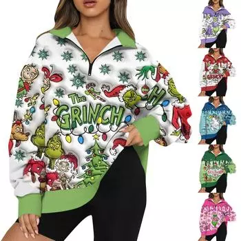 Женская мода повседневная толстовка с длинным рукавом и принтом на молнии с высоким воротом и заниженными плечами L синий