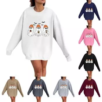 Женская мода Повседневная толстовка с длинным рукавом и принтом на Хэллоуин с круглым вырезом Топ XL чёрный