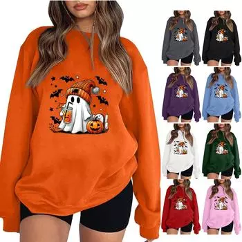 Женская мода повседневная толстовка с длинным рукавом на Хэллоуин с милым призраком и повседневным свитшотом большого размера XXL чёрный