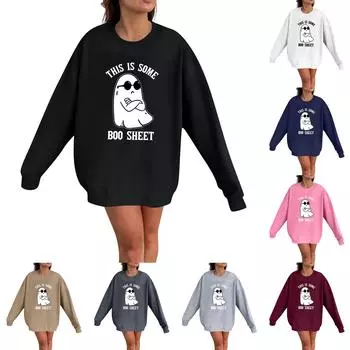 Женская мода Повседневная толстовка с длинным рукавом и принтом на Хэллоуин с круглым вырезом Топ XXL тёмно-синий