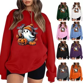 Женская мода повседневная толстовка с длинным рукавом на Хэллоуин с милым призраком и повседневным свитшотом большого размера XL