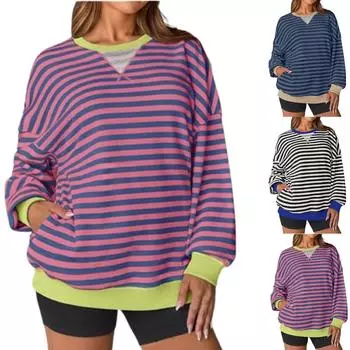 Женская мода повседневная толстовка с длинным рукавом и круглым вырезом в полоску (с боковыми карманами) L чёрный