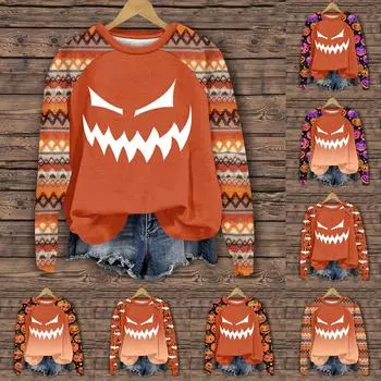 Женская мода повседневная толстовка с длинным рукавом и вставкой на плече с принтом на Хэллоуин с круглым вырезом M бежевый