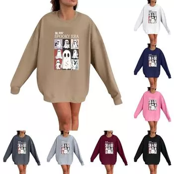 Женская мода Повседневная толстовка с длинным рукавом и принтом на Хэллоуин с круглым вырезом Топ M