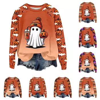 Женская мода повседневная толстовка с длинным рукавом и вставкой на плече с принтом на Хэллоуин с круглым вырезом XL
