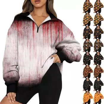 Женская мода повседневная толстовка с длинным рукавом и принтом на молнии с высоким воротом и заниженными плечами XXL