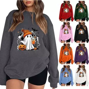 Женская мода повседневная толстовка с длинным рукавом на Хэллоуин с милым призраком и повседневным свитшотом большого размера L чёрный