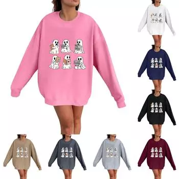 Женская мода Повседневная толстовка с длинным рукавом и принтом на Хэллоуин с круглым вырезом Топ S розовый