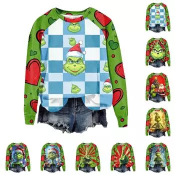 Женская мода повседневная толстовка с длинным рукавом и принтом рождественского Гринчмаса с круглым вырезом и реглан S