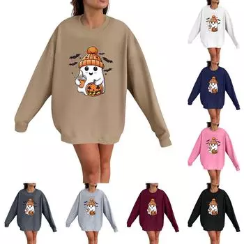 Женская мода Повседневная толстовка с длинным рукавом и принтом на Хэллоуин с круглым вырезом Топ L