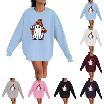 Женская мода повседневная толстовка с длинным рукавом и принтом на Хэллоуин с круглым вырезом XXL розовый