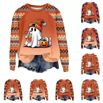 Женская мода повседневная толстовка с длинным рукавом и вставкой на плече с принтом на Хэллоуин с круглым вырезом S