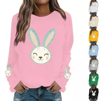 Женская мода повседневная толстовка с длинным рукавом и круглым вырезом с принтом пасхального кролика L чёрный