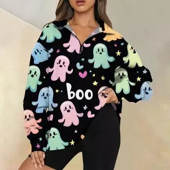 Женская мода повседневная толстовка с длинным рукавом и принтом на молнии с высоким воротом и заниженными плечами XXL бежевый