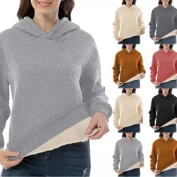 Женская мода повседневная толстовка с длинными рукавами с капюшоном из овечьего флиса плюс флис теплая толстовка с капюшоном XL