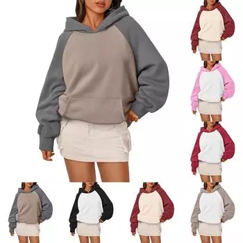 Женская мода повседневная толстовка с глубоким вырезом на плече с длинным рукавом и капюшоном в стиле пэчворк XXL розовый