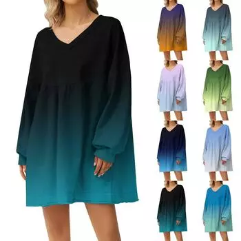 Женская мода, повседневная толстовка с градиентным принтом, большой свитер с v-образным вырезом и длинным рукавом, свободное платье L синий