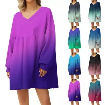 Женская мода, повседневная толстовка с градиентным принтом, большой свитер с v-образным вырезом и длинным рукавом, свободное платье L синий