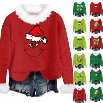 Женская мода повседневная толстовка с капюшоном и круглым вырезом с рождественским принтом, шерстяной воротник, пуловер L
