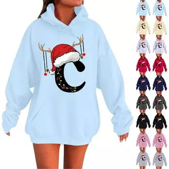 Женская мода повседневная толстовка с капюшоном с длинным рукавом и круглым вырезом с карманами XXL тёмно-синий