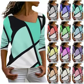 Женская мода, повседневная толстовка с наклонным воротником, нерегулярная полосатая футболка с длинными рукавами, топ