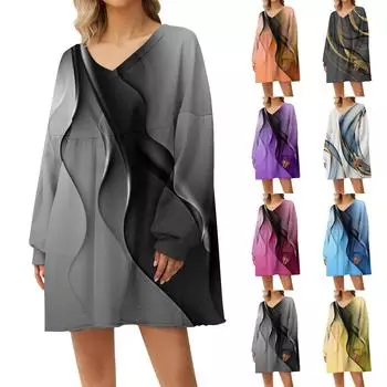 Женская мода повседневная толстовка с принтом линии и большим V-образным вырезом, длинным рукавом, свободное платье L чёрный