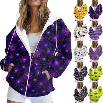 Женская мода, повседневная толстовка с принтом на Хэллоуин, осенне-зимняя куртка-кардиган с карманами и длинными рукавами, пальто с капюшоном на молнии L бежевый