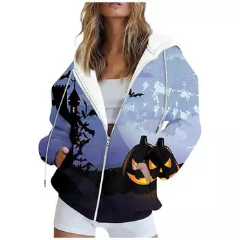 Женская мода, повседневная толстовка с принтом на Хэллоуин, осенне-зимняя куртка-кардиган с карманами и длинными рукавами, пальто с капюшоном на молнии XXL синий