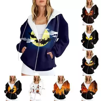 Женская мода повседневная толстовка с принтом на Хэллоуин осень-зима с длинным рукавом кардиган с карманами на молнии куртка с капюшоном M
