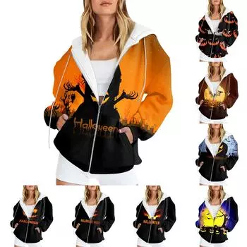 Женская мода повседневная толстовка с принтом на Хэллоуин осень-зима с длинным рукавом кардиган с карманами на молнии куртка с капюшоном S