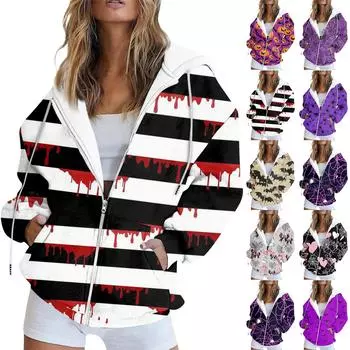 Женская мода, повседневная толстовка с принтом на Хэллоуин, осенне-зимняя куртка-кардиган с карманами и длинными рукавами, пальто с капюшоном на молнии S красный