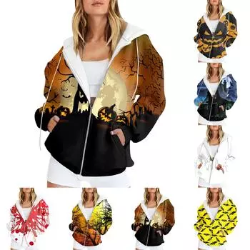 Женская мода повседневная толстовка с принтом на Хэллоуин осень-зима с длинным рукавом кардиган с карманами на молнии куртка с капюшоном L темно-синий