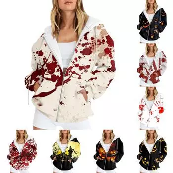 Женская мода повседневная толстовка с принтом на Хэллоуин осень-зима с длинным рукавом кардиган с карманами на молнии куртка с капюшоном L