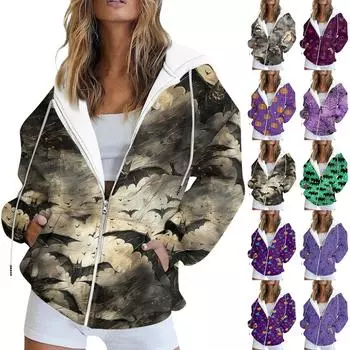 Женская мода, повседневная толстовка с принтом на Хэллоуин, осенне-зимняя куртка-кардиган с карманами и длинными рукавами, пальто с капюшоном на молнии XL