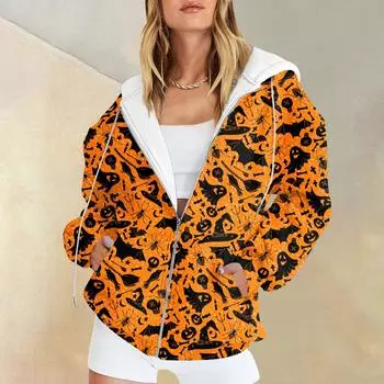Женская мода повседневная толстовка с принтом на Хэллоуин осень-зима с длинным рукавом кардиган с карманами на молнии куртка с капюшоном L шафрановый