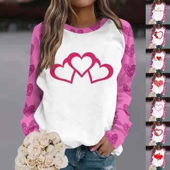 Женская мода, повседневная толстовка с рукавами реглан и круглым вырезом, с длинными рукавами на День святого Валентина и принтом, топ L чёрный