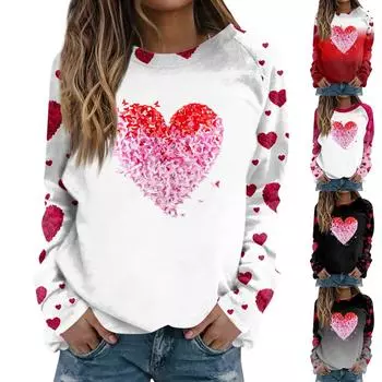 Женская мода, повседневная толстовка с рукавами реглан и круглым вырезом, с длинными рукавами на День святого Валентина и принтом, топ L красный